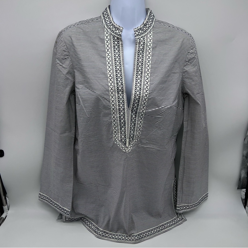 Tory Burch Black and White Striped Top w/Decorative Neck/Hem/Sleeves Trim-Size 6